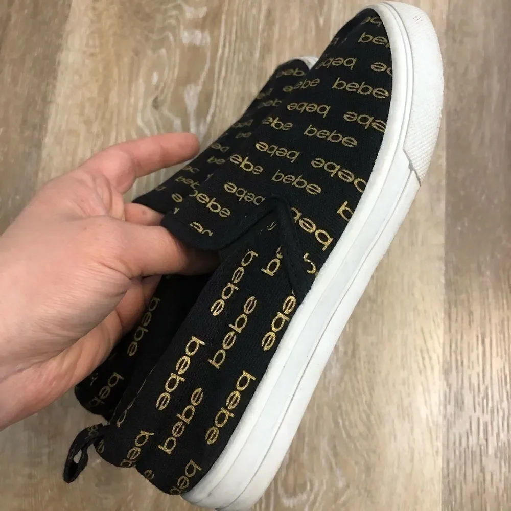 Bebe Girls Size 1 Black Gold Logo Slip-On Sneakers Shoes